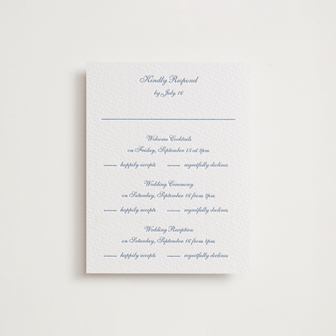 "Villa" - Letterpress Multi-Event RSVP Cards in Provincial Blue by Blustery August - Front