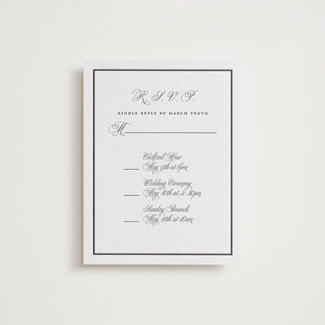 "The Day" - Letterpress Multi-Event RSVP Cards in Soft Black by mo kelley - Front