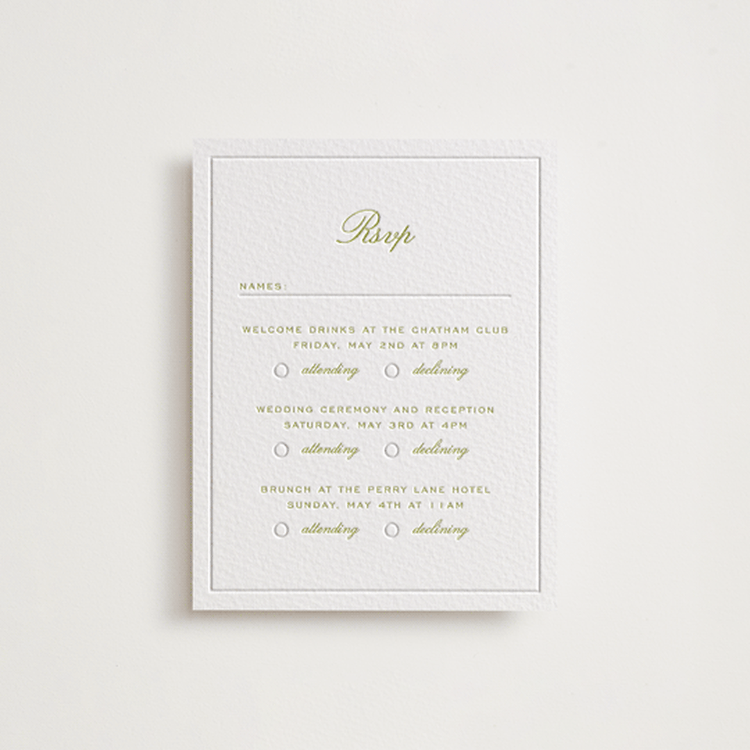 "Calia " - Letterpress Multi-Event RSVP Cards in Avocado by Ani Somi - Front