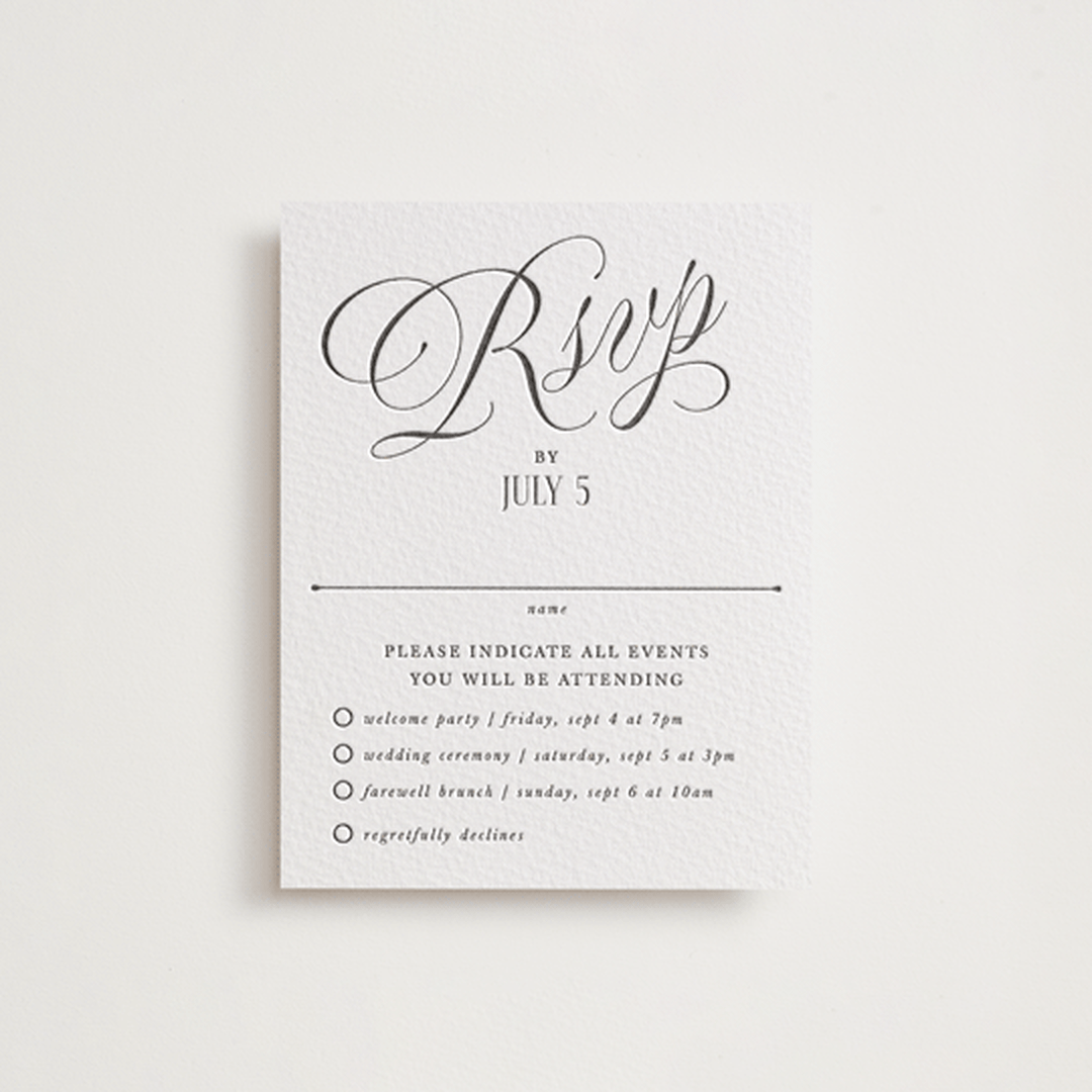 "Mirin" - Letterpress Multi-Event RSVP Cards in Soft Black by Kate Ahn - Front