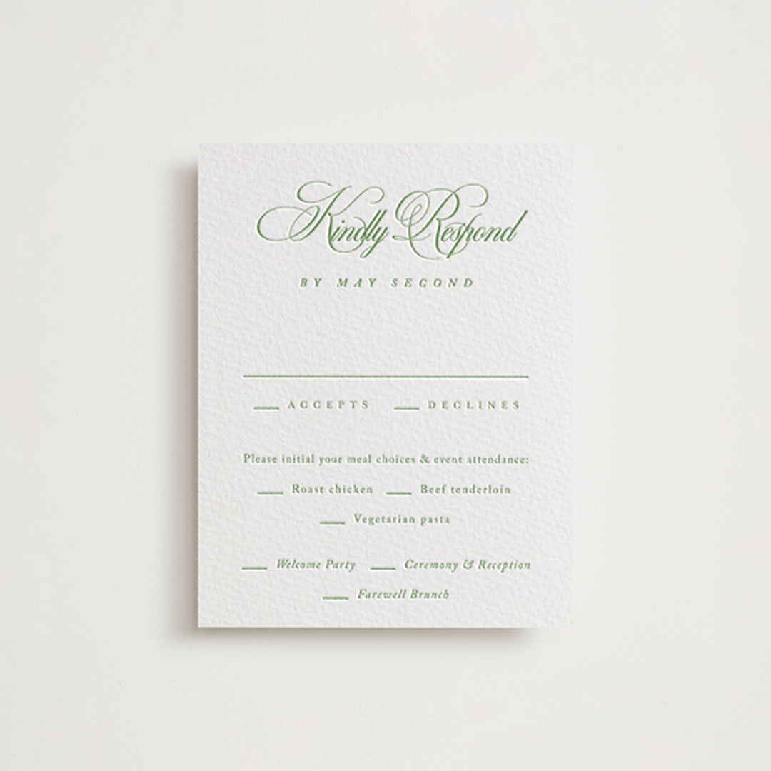 "Chic Script" - Letterpress Multi-Event RSVP Cards in Cucumber by Kelly Schmidt - Front