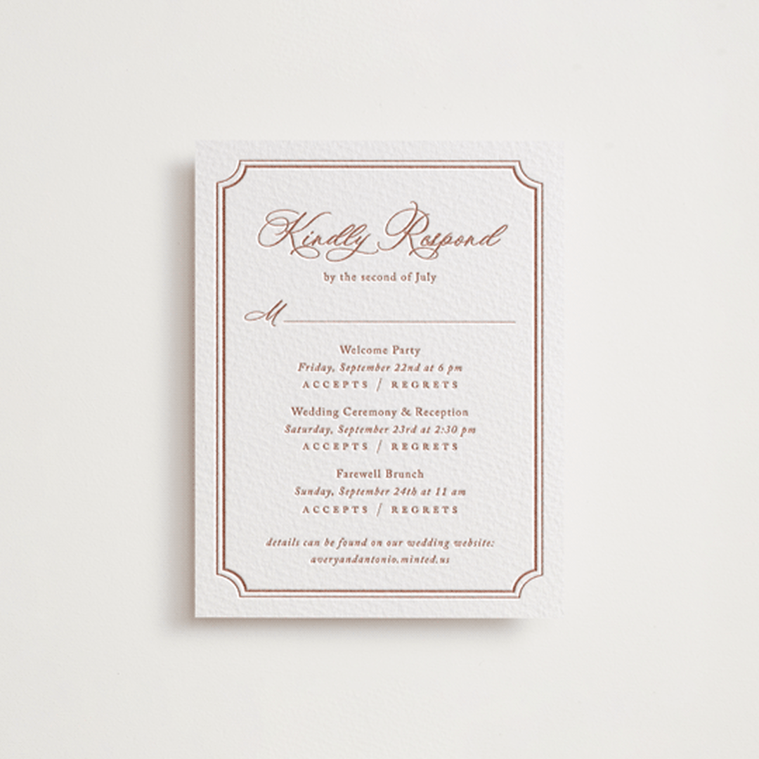"Avery" - Letterpress Multi-Event RSVP Cards in Dusty Rose by Jennifer Postorino - Front