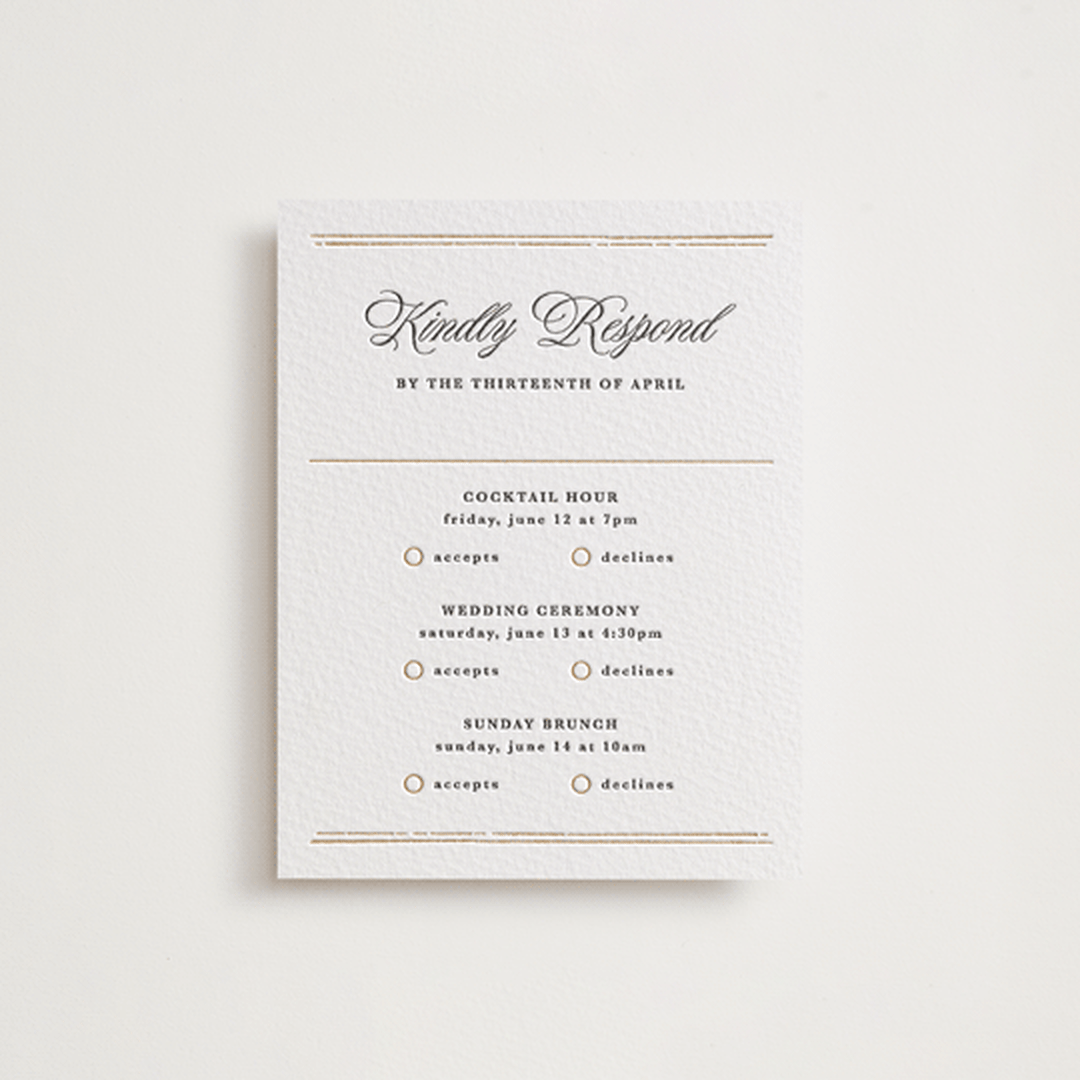 "Lake Como" - Letterpress Multi-Event RSVP Cards in Faux Gold by Kate Ahn - Front