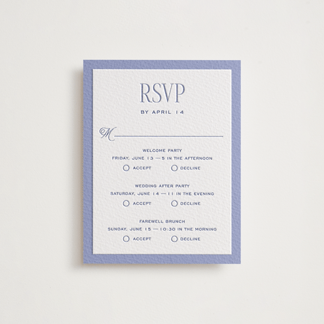 "Threaded" - Letterpress Multi-Event RSVP Cards in Periwinkle by Pixel and Hank - Front