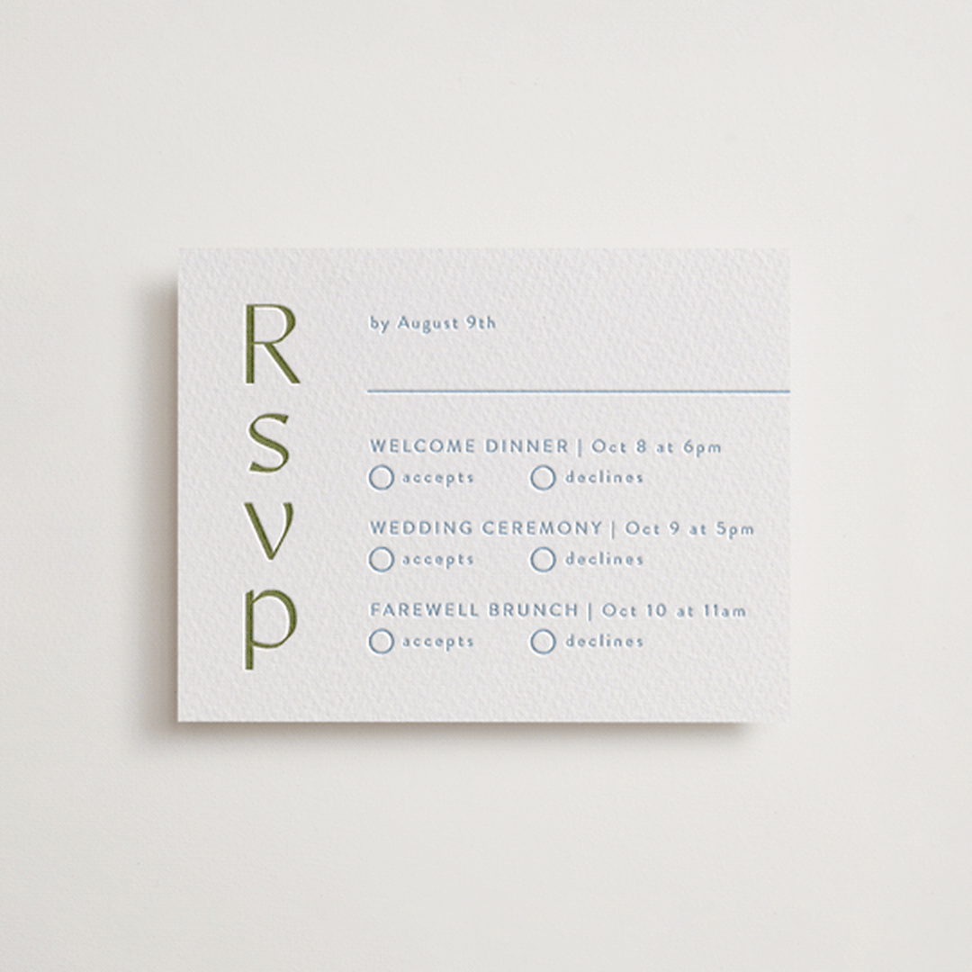 "Ayumi" - Letterpress Multi-Event RSVP Cards in Pistachio by Melanie Kosuge - Front