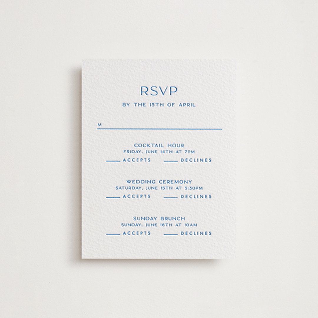 "Brooklyn" - Letterpress Multi-Event RSVP Cards in Sapphire by Ellen Schlegelmilch - Front