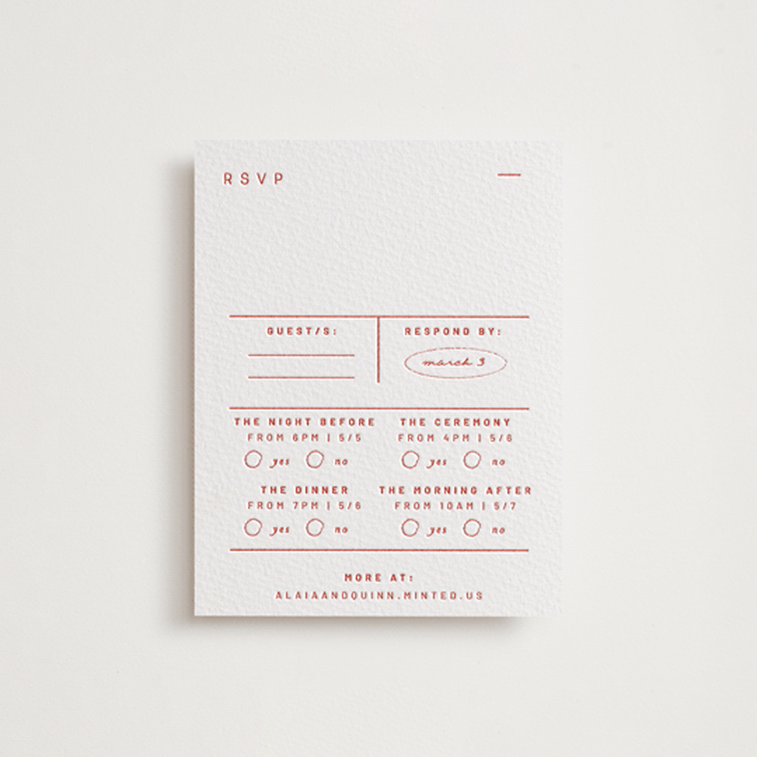 "Alaia" - Letterpress Multi-Event RSVP Cards in Verona Sunset by Blustery August - Front