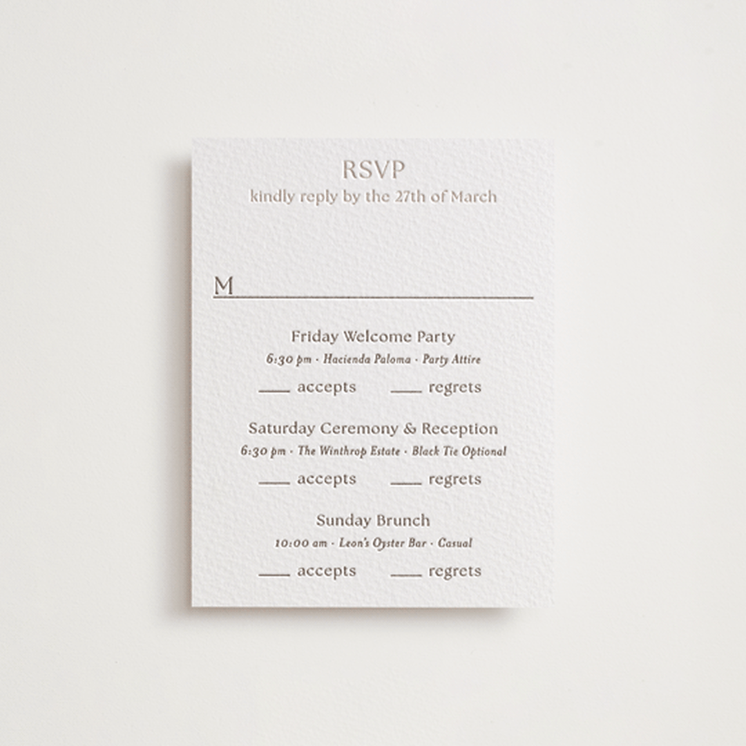 "Perriand" - Letterpress Multi-Event RSVP Cards in Coffee by Megan Davis - Front