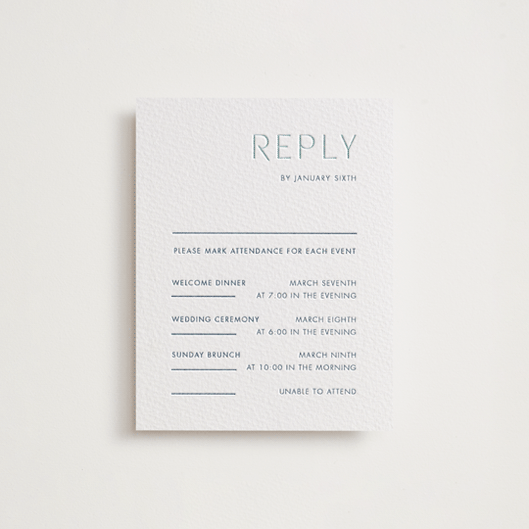 "Juniper" - Letterpress Multi-Event RSVP Cards in Turquoise by Blustery August - Front