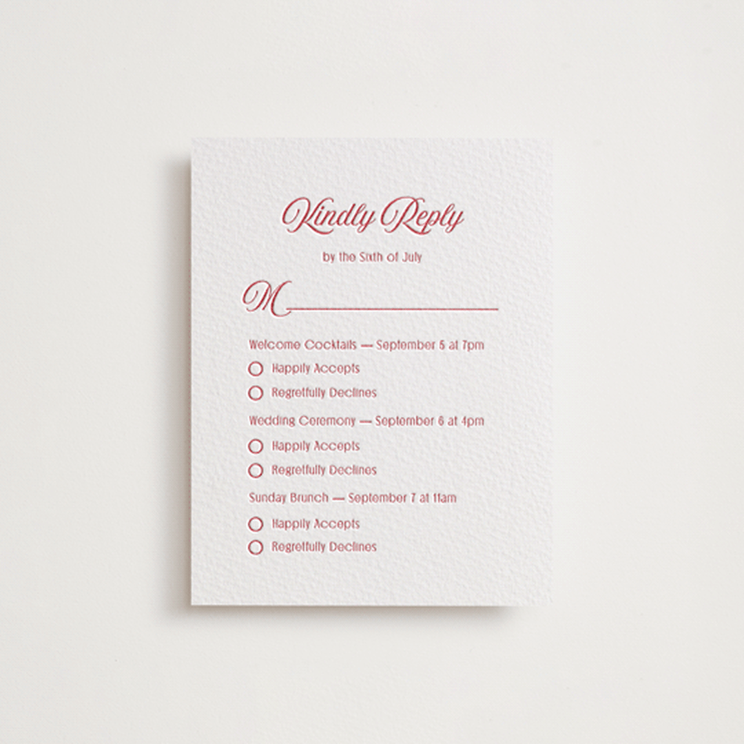 "Ritzy" - Letterpress Multi-Event RSVP Cards in Scarlet by Nicoletta Savod - Front