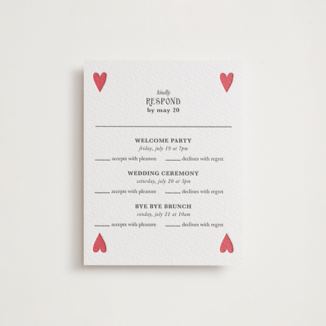 "Red Hearts" - Letterpress Multi-Event RSVP Cards in Scarlet by Helena Vitto - Front