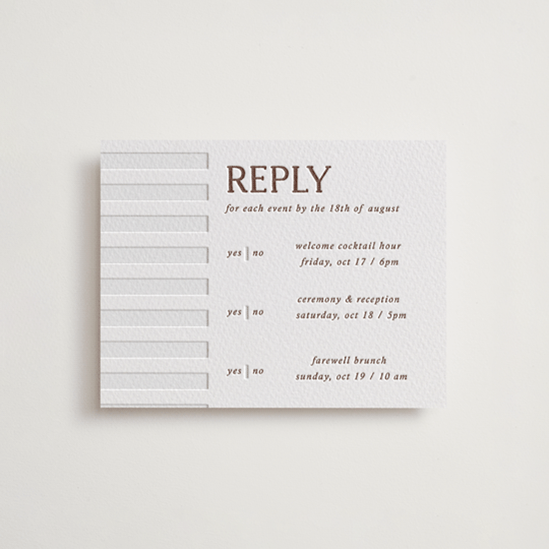 "Stripes" - Letterpress Multi-Event RSVP Cards in Burnt Sienna by Kelly Watkins - Front