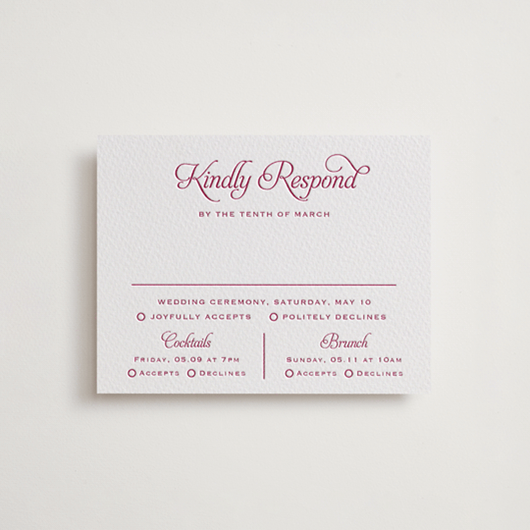 "Modernne" - Letterpress Multi-Event RSVP Cards in Merlot by Carolyn MacLaren - Front