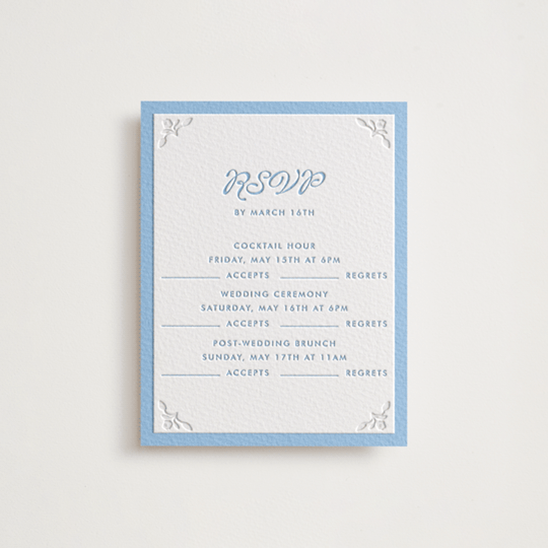 "Victorian Chic" - Letterpress Multi-Event RSVP Cards in Sky Blue by Morgan Kendall - Front