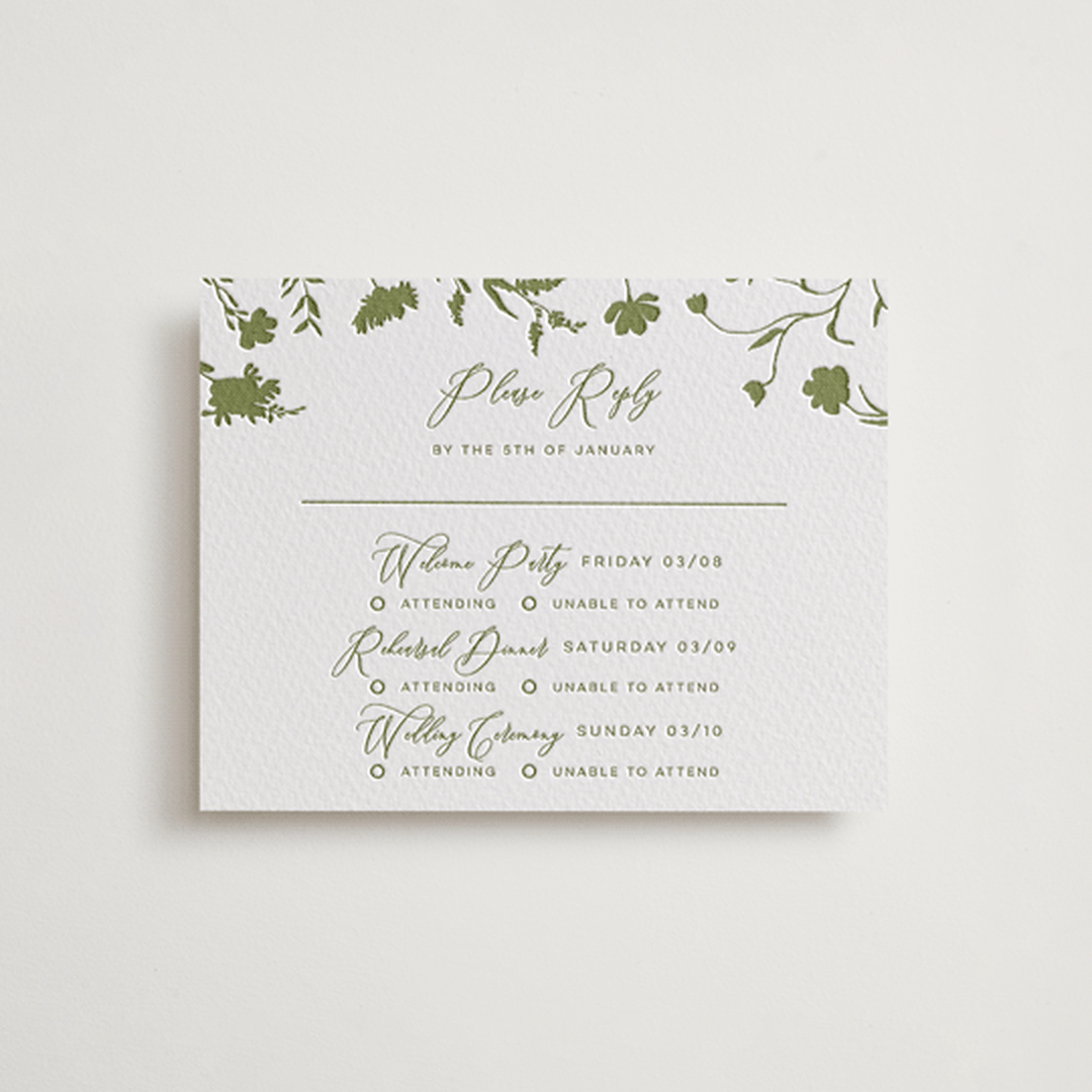 "Untied" - Letterpress Multi-Event RSVP Cards in Pistachio by Erin Hodges - Front