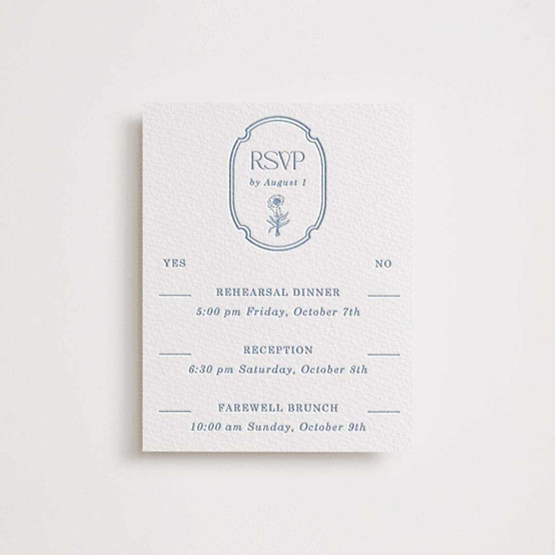 "Flora Arch" - Letterpress Multi-Event RSVP Cards in Provincial Blue by Baumbirdy - Front