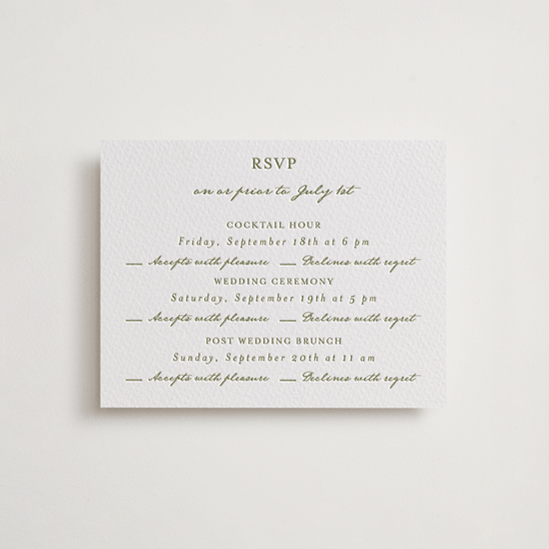 "Villa" - Letterpress Multi-Event RSVP Cards in Pistachio by Maja Cunningham - Front