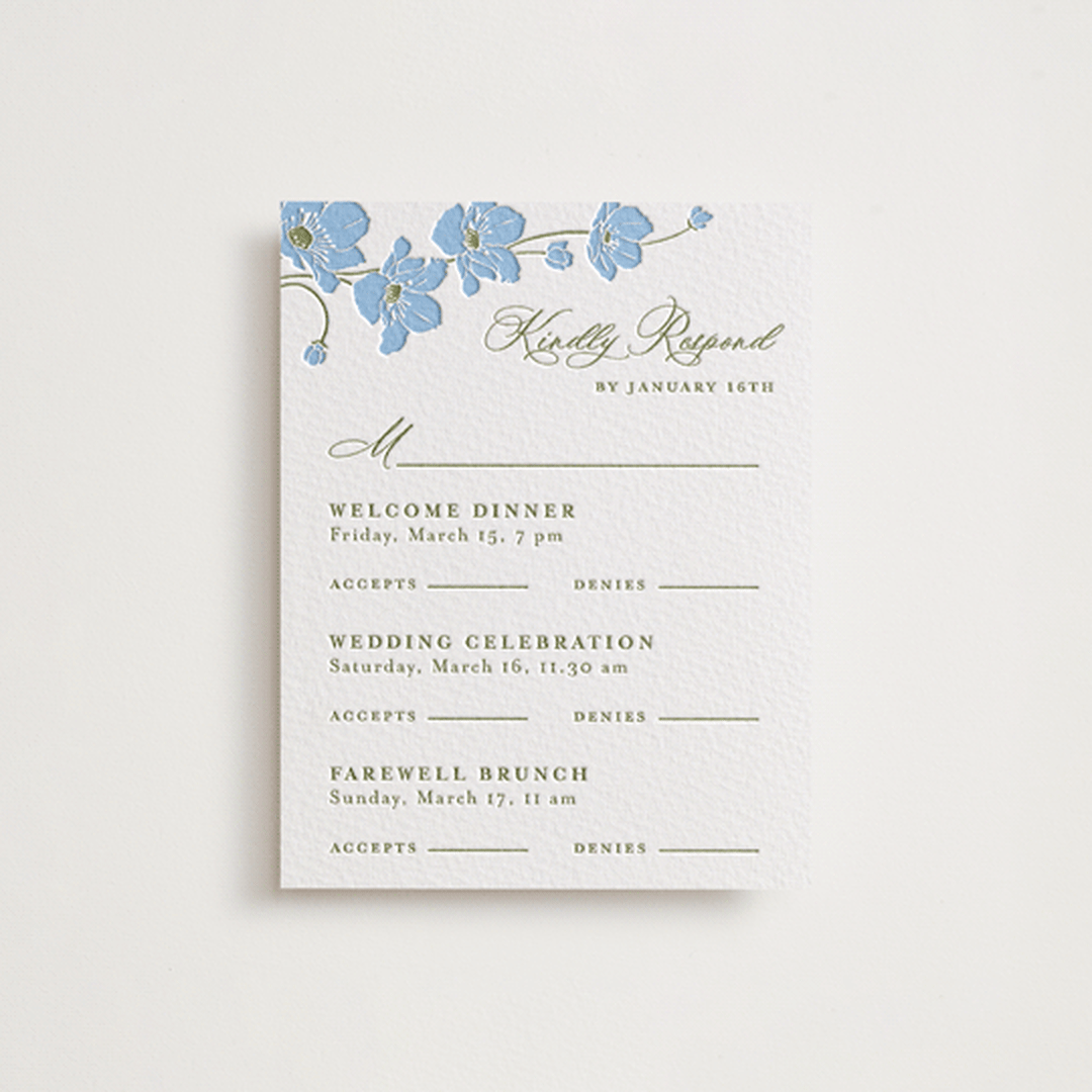 "Anemones" - Letterpress Multi-Event RSVP Cards in Sky Blue by letterfix - Front