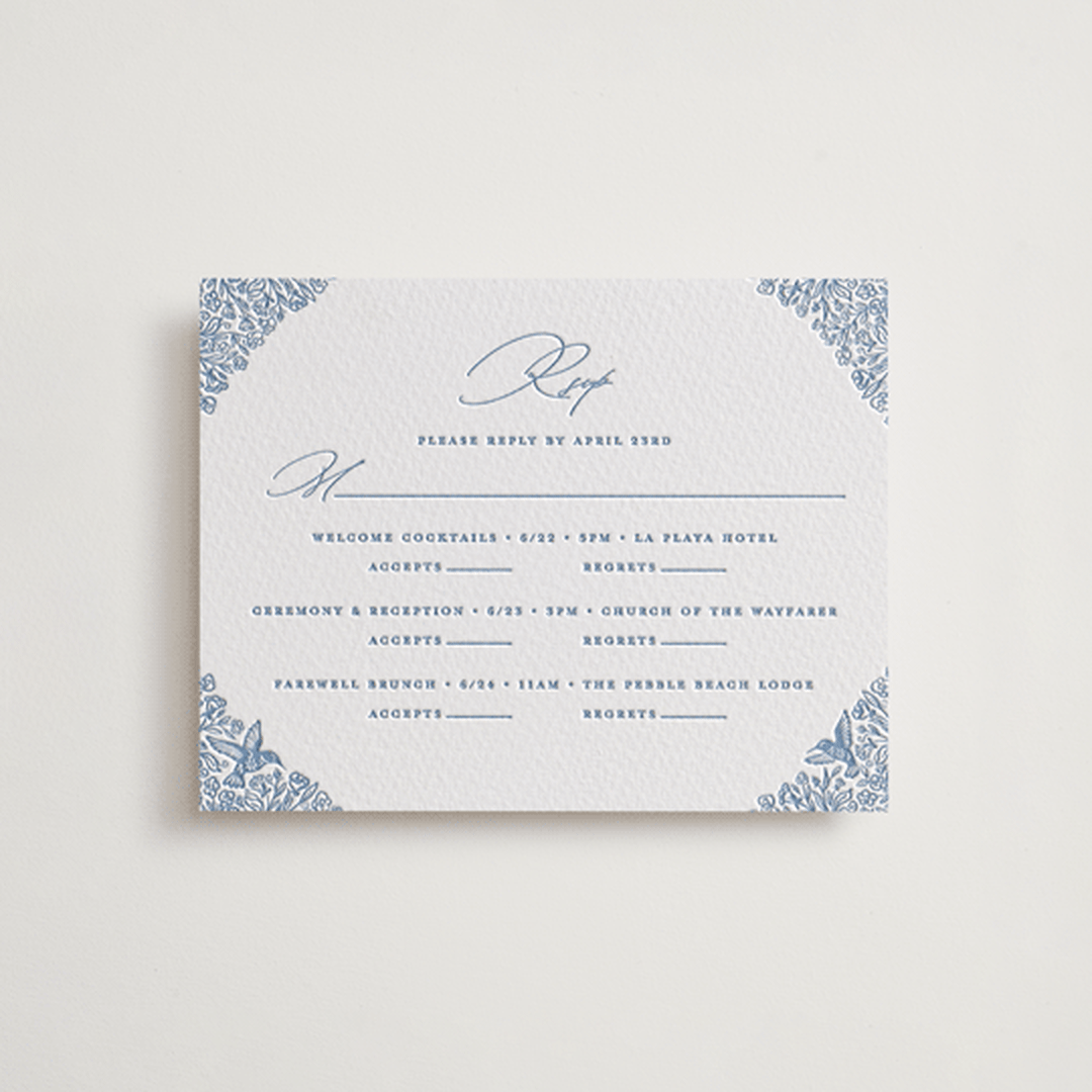 "Hummingbird Botanicals" - Letterpress Multi-Event RSVP Cards in Provincial Blue by Erin Deegan - Front