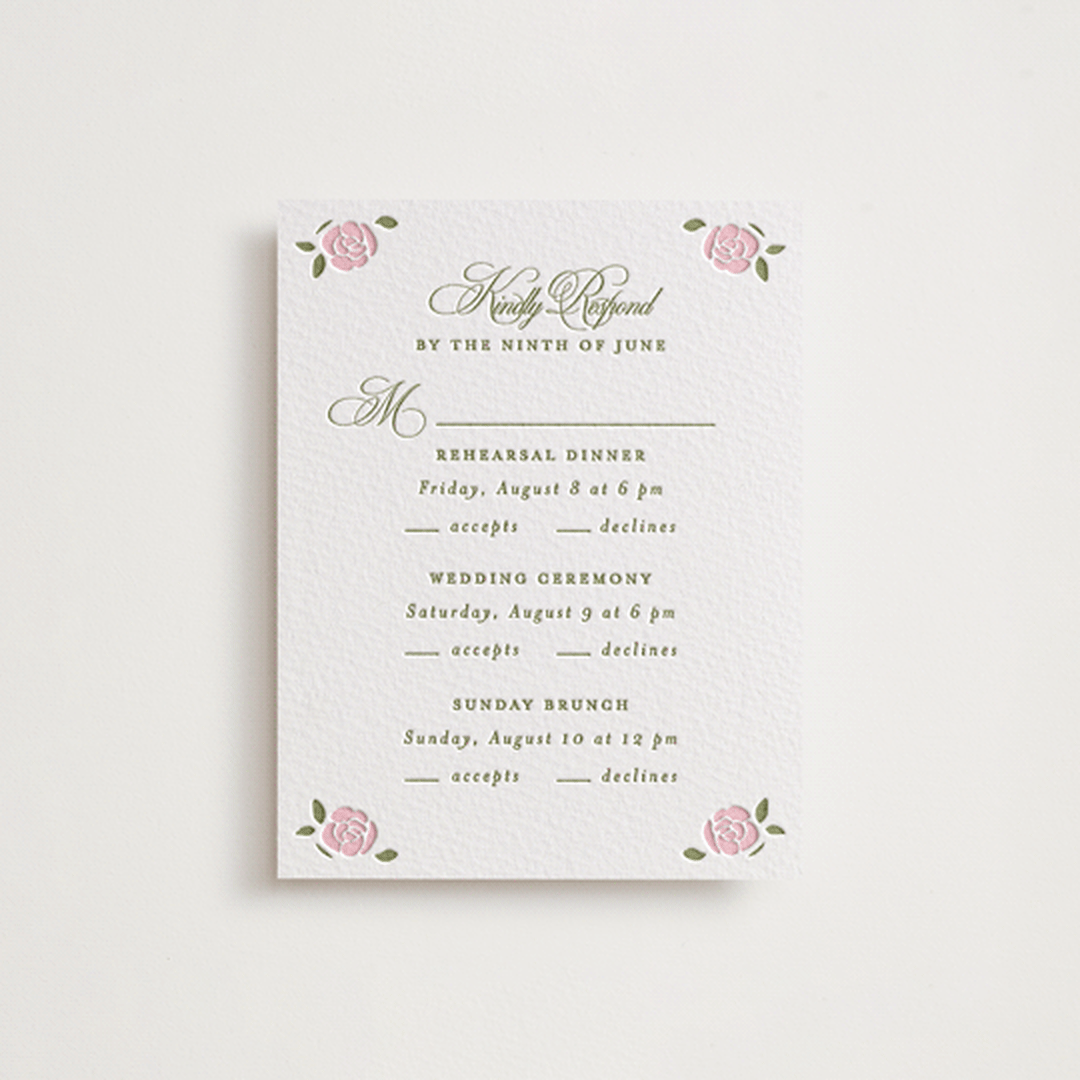 "Vintage Blooms" - Letterpress Multi-Event RSVP Cards in Pistachio by Creo Study - Front