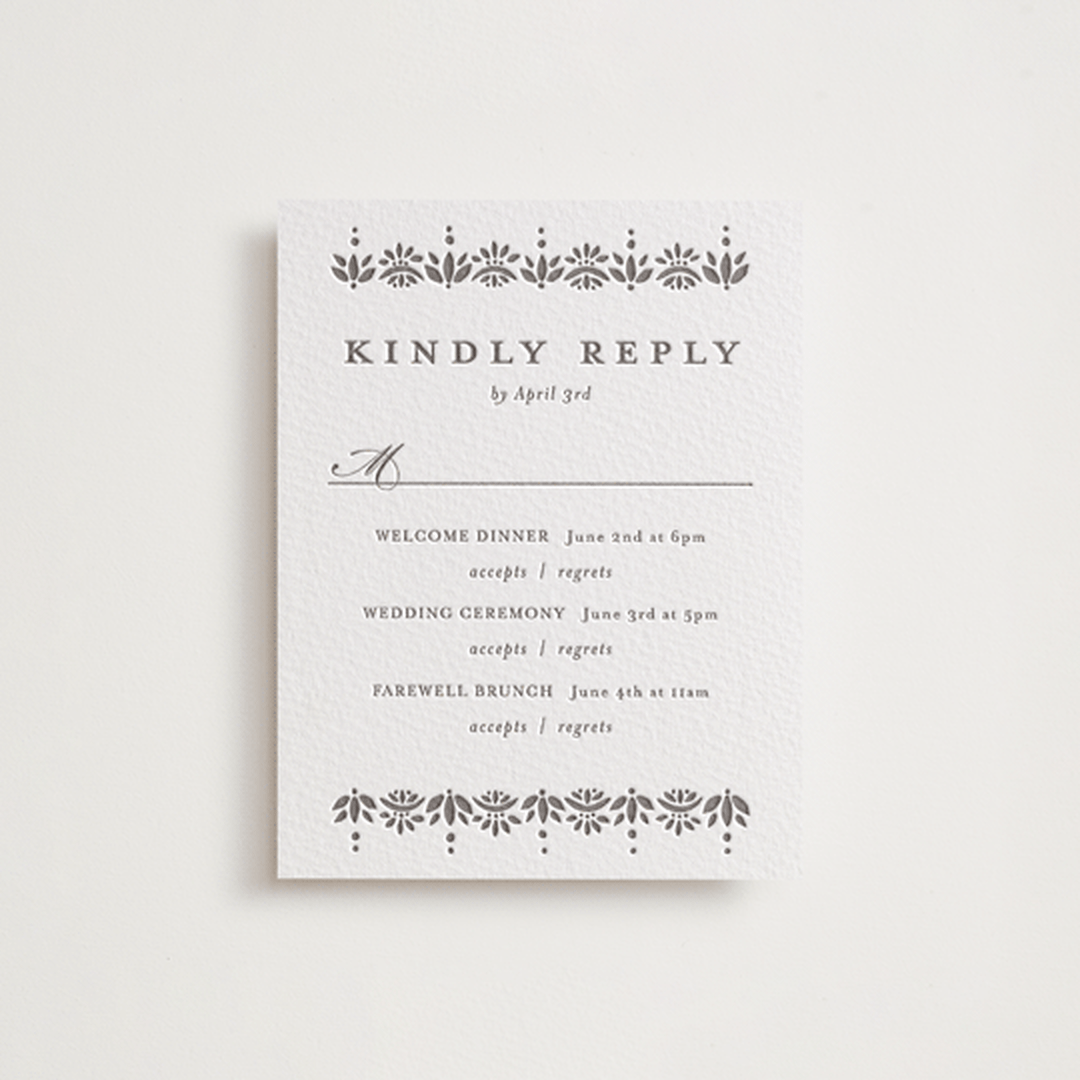 "Cosette" - Letterpress Multi-Event RSVP Cards in Graphite by Melanie Kosuge - Front