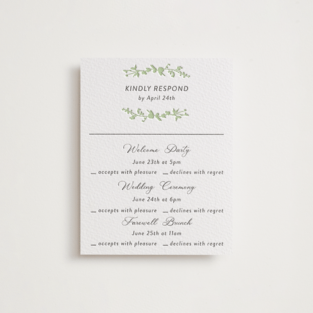 "Flower Garden" - Letterpress Multi-Event RSVP Cards in Tea Green by Susan Moyal - Front