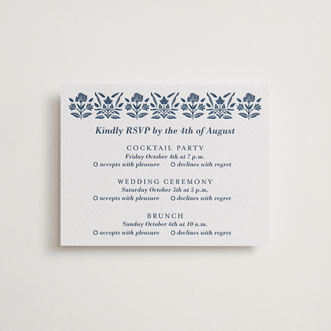 "Pressed Motif" - Letterpress Multi-Event RSVP Cards in Indigo by Oma N. Ramkhelawan - Front
