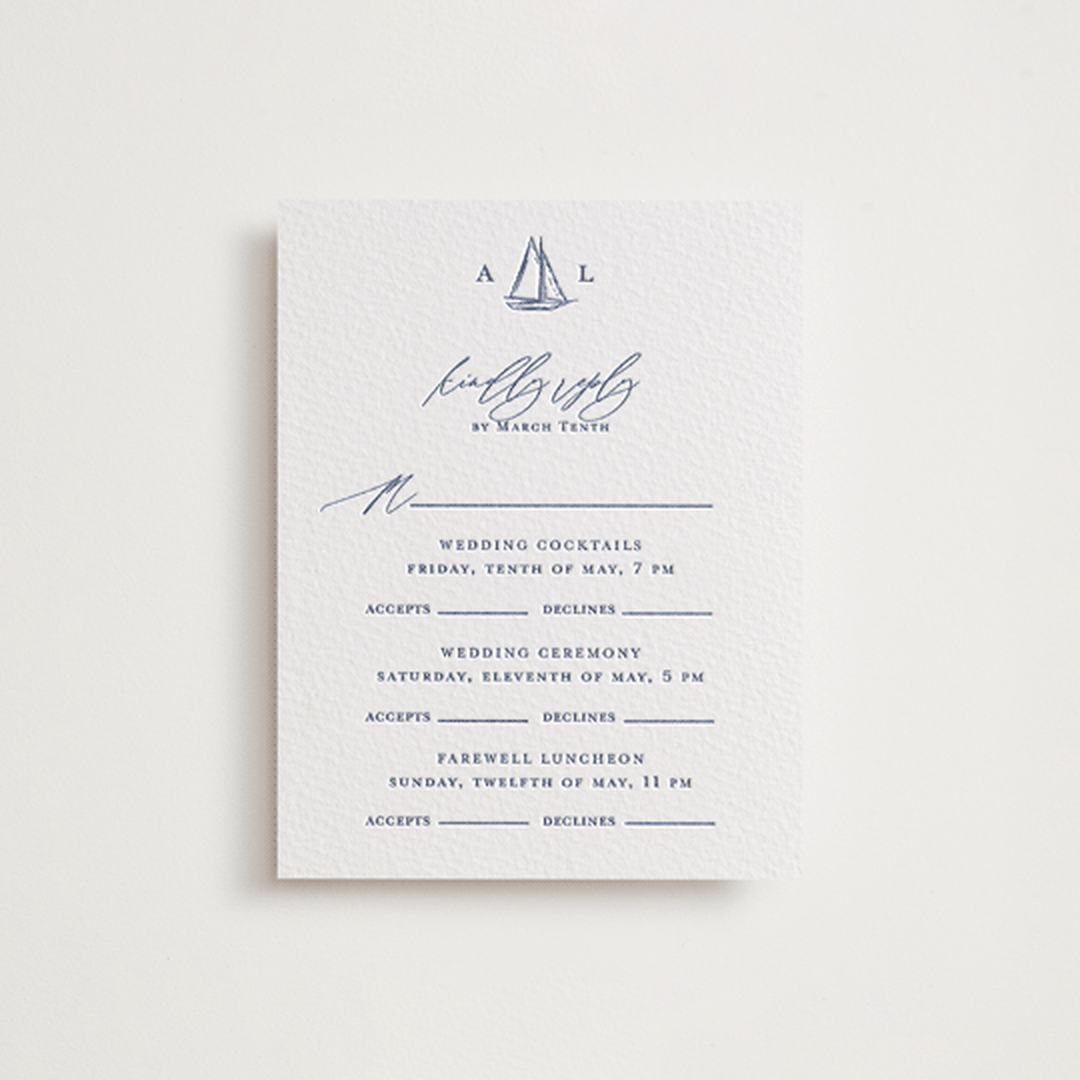 "Mariner" - Letterpress Multi-Event RSVP Cards in Indigo by Jelena Vuletic - Front