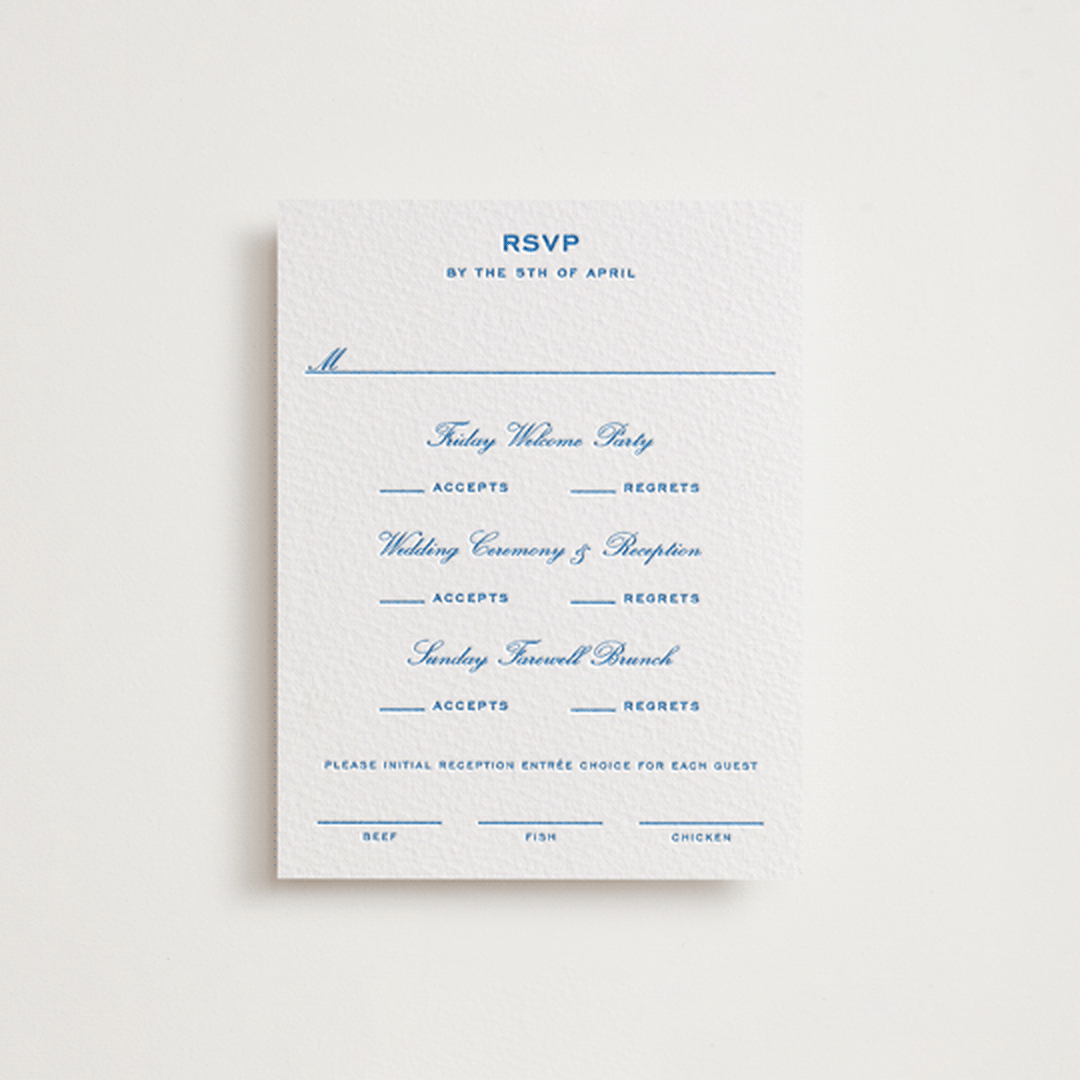 "Brasserie" - Letterpress Multi-Event RSVP Cards in Sapphire by Megan Davis - Front