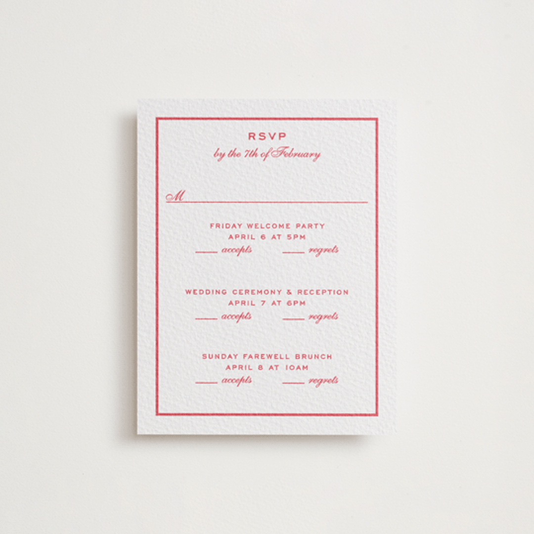 "Larkin" - Letterpress Multi-Event RSVP Cards in Scarlet by Megan Davis - Front