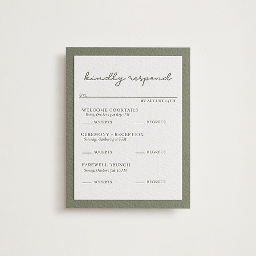 "The Verdure Suite" - Letterpress Multi-Event RSVP Cards in Moss by Brittney Jensen - Front