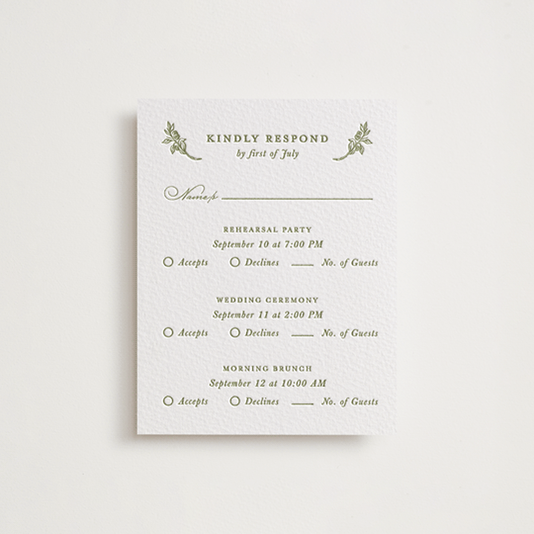 "Botanical Crest" - Letterpress Multi-Event RSVP Cards in Pistachio by Lucrecia Caporale - Front