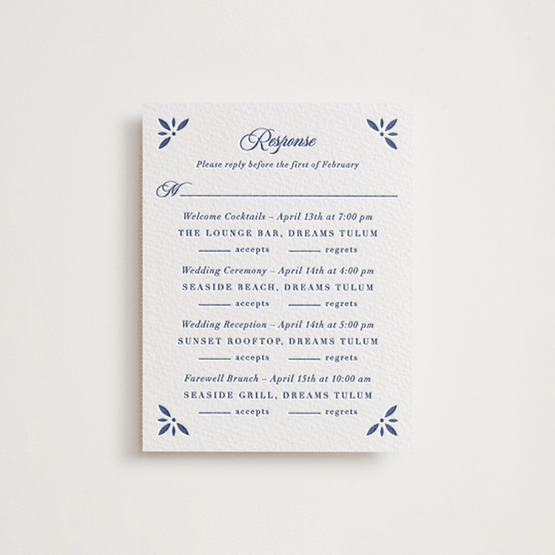 "Talavera Tiles" - Letterpress Multi-Event RSVP Cards in Lapis by Olivia Raufman - Front