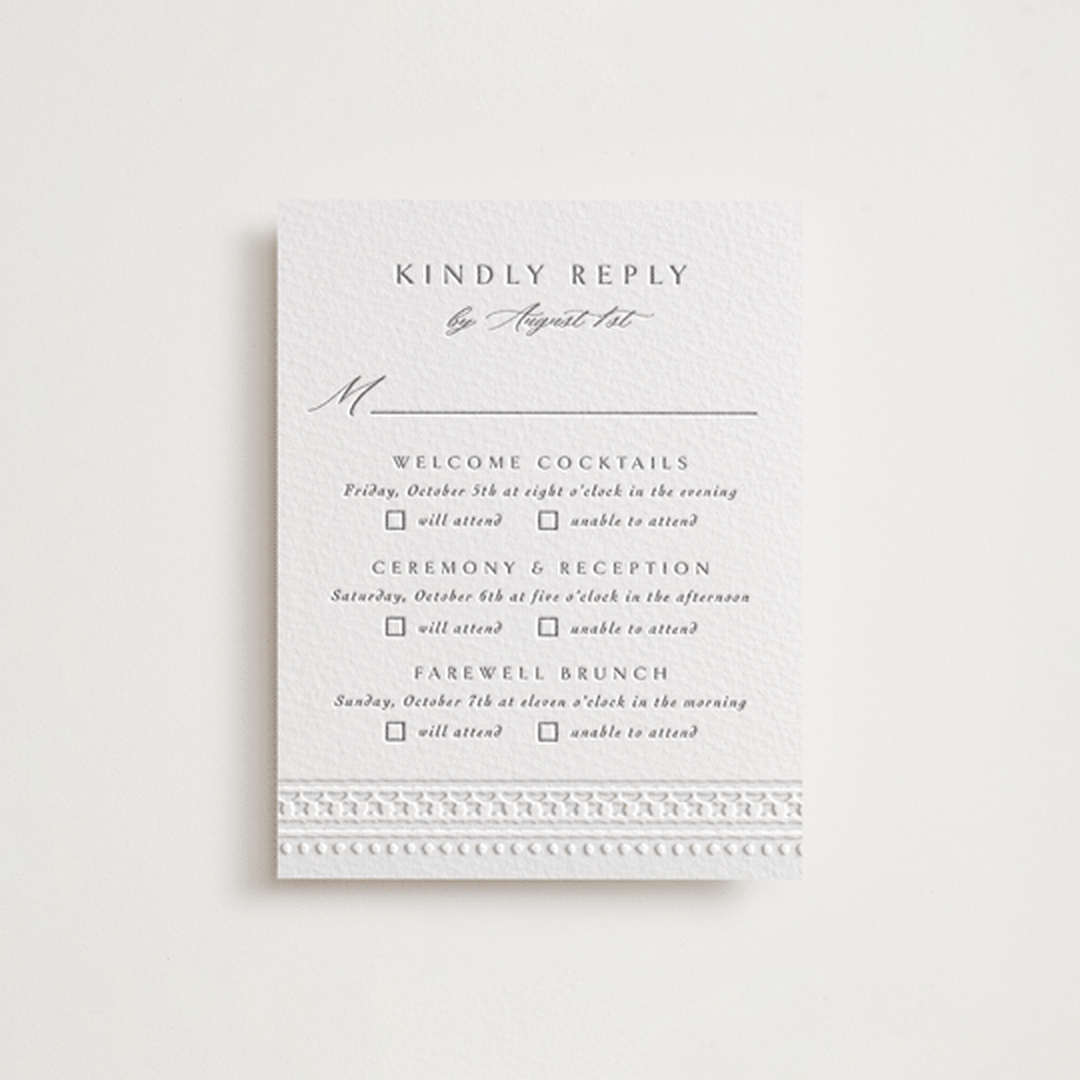 "Heirloom Needlework" - Letterpress Multi-Event RSVP Cards in Gravel by Meggy Masters - Front