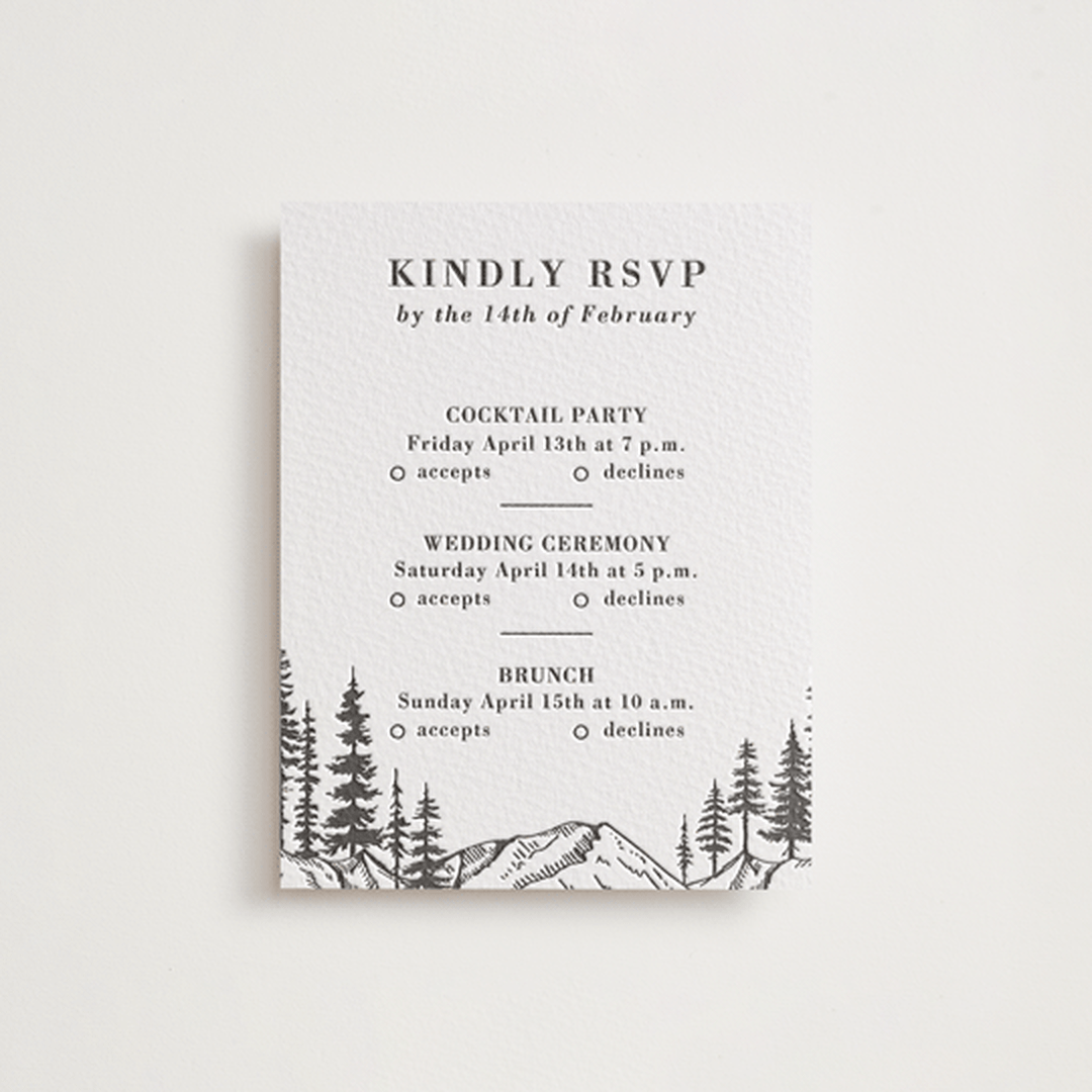 "Mountain Pines" - Letterpress Multi-Event RSVP Cards in Soft Black by Winston Latchman - Front