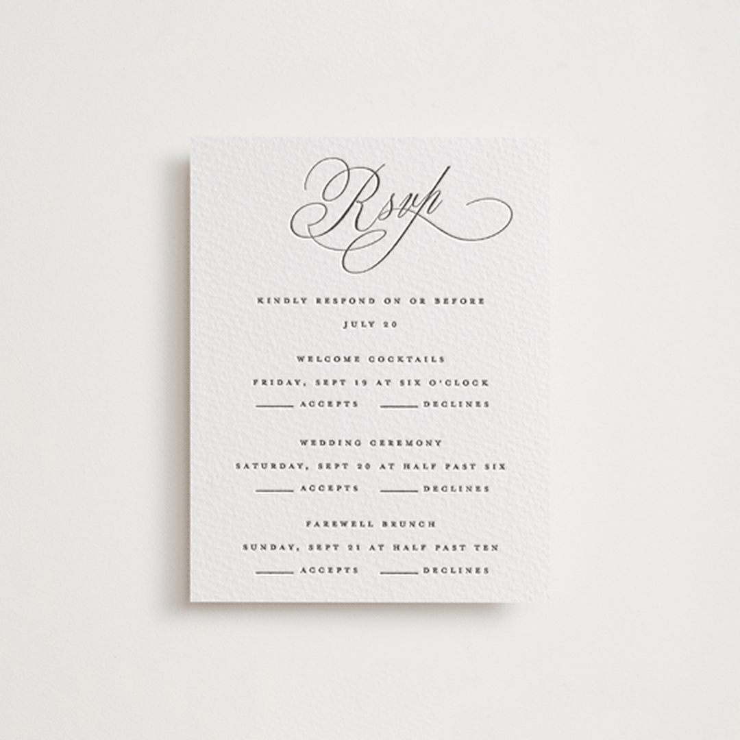"Romantic Script" - Letterpress Multi-Event RSVP Cards in Soft Black by Susan Zinader - Front