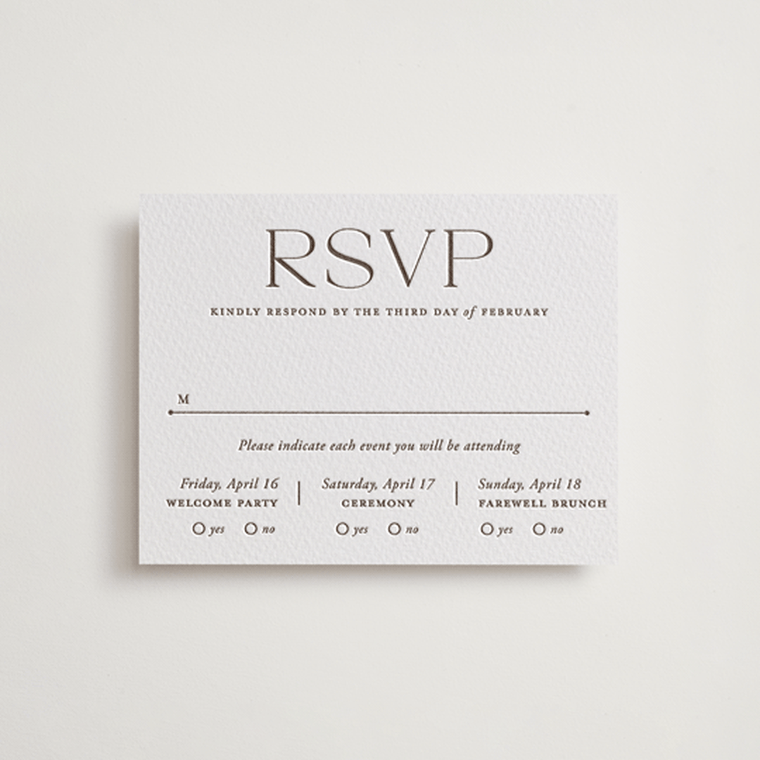 "Quiet Luxury" - Letterpress Multi-Event RSVP Cards in Coffee by Oscar and Emma - Karly Depew - Front