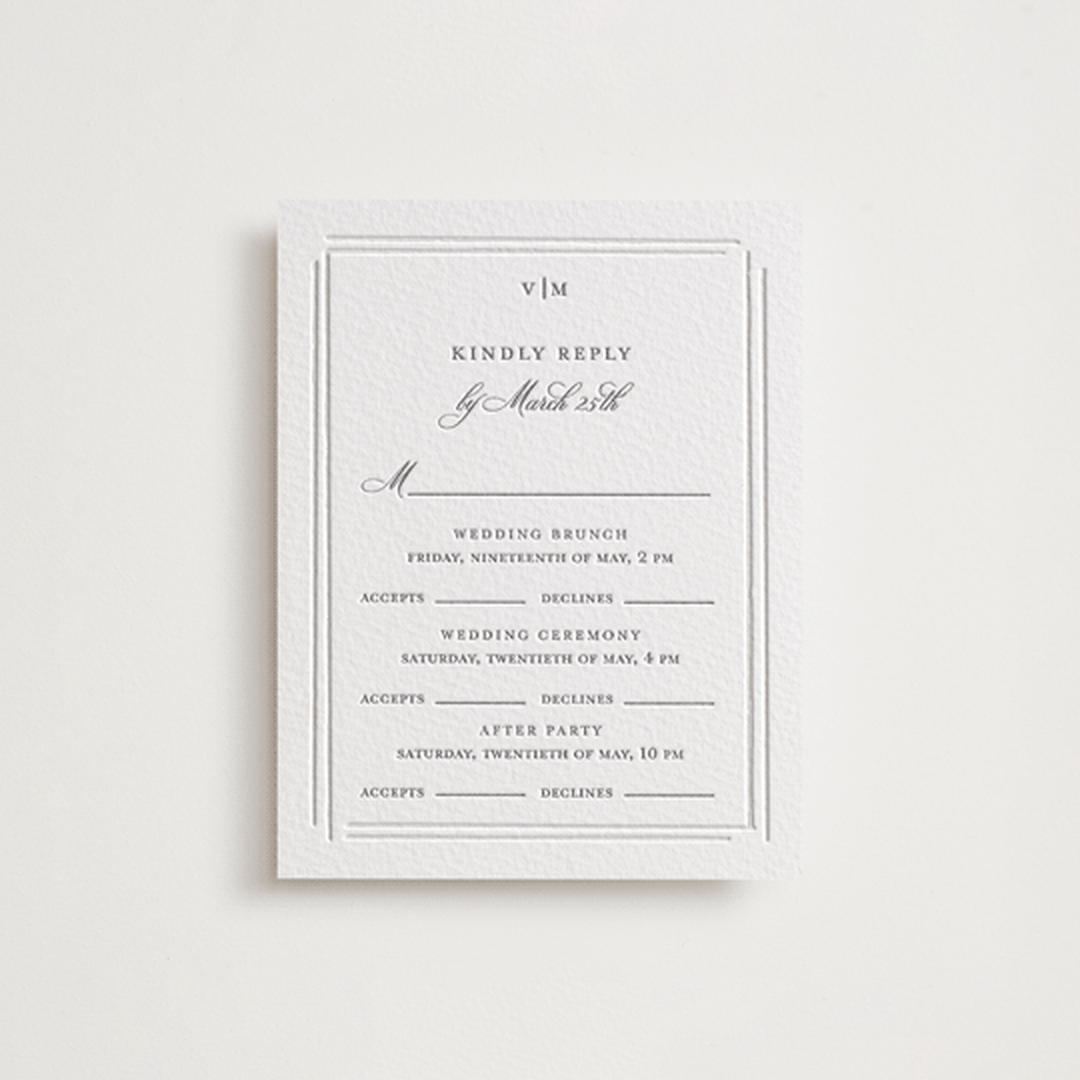 "Clarion" - Letterpress Multi-Event RSVP Cards in Gravel by Jelena Vuletic - Front