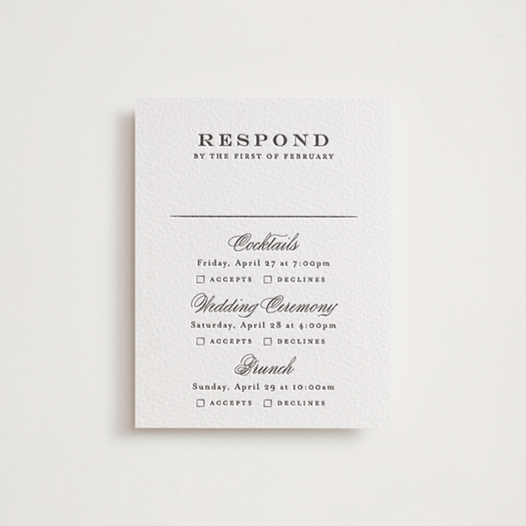 "Proper" - Letterpress Multi-Event RSVP Cards in Soft Black by Carolyn MacLaren - Front