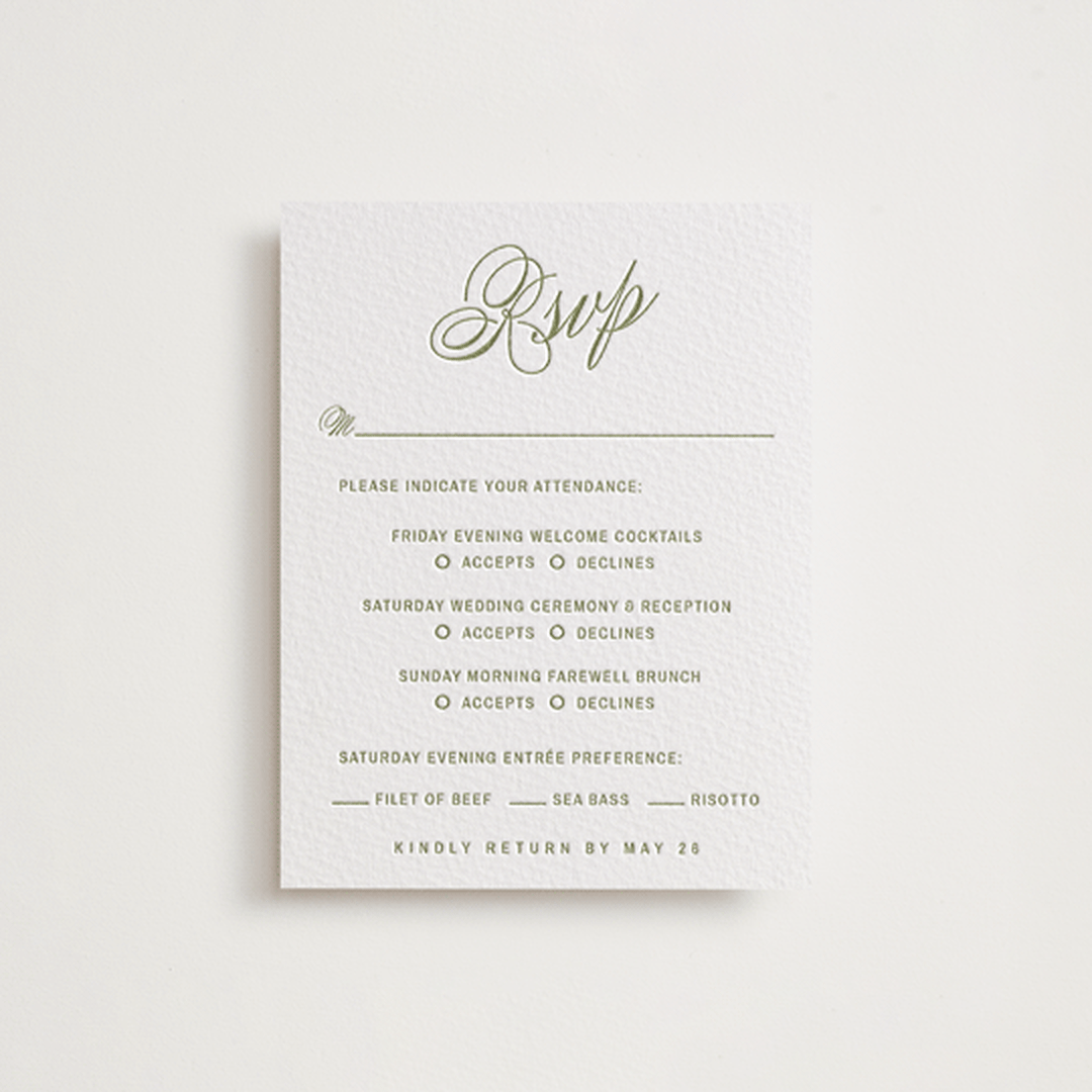 "Love in the Afternoon" - Letterpress Multi-Event RSVP Cards in Pistachio by Ani Somi - Front