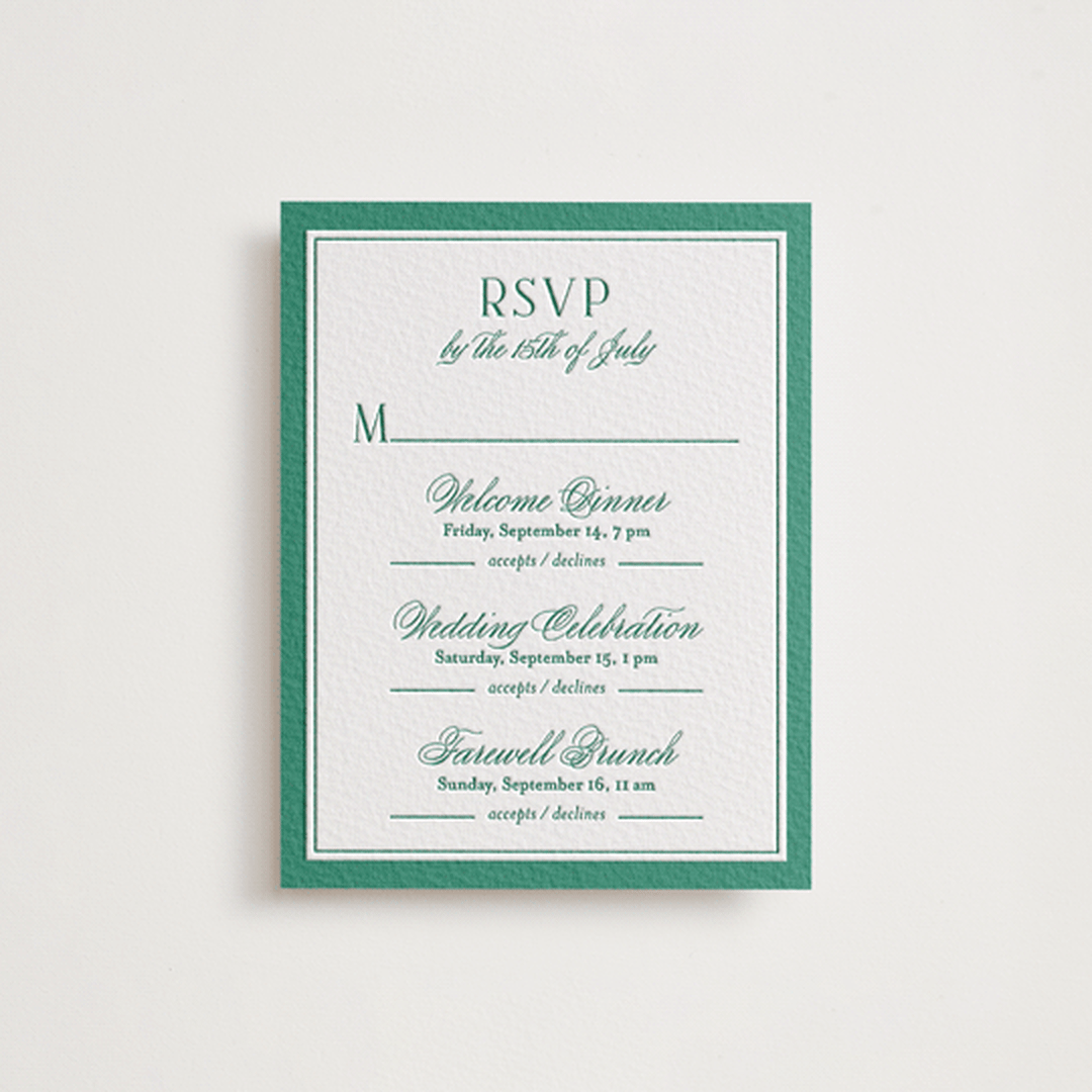 "Fresh Classic" - Letterpress Multi-Event RSVP Cards in Cucumber by letterfix - Front