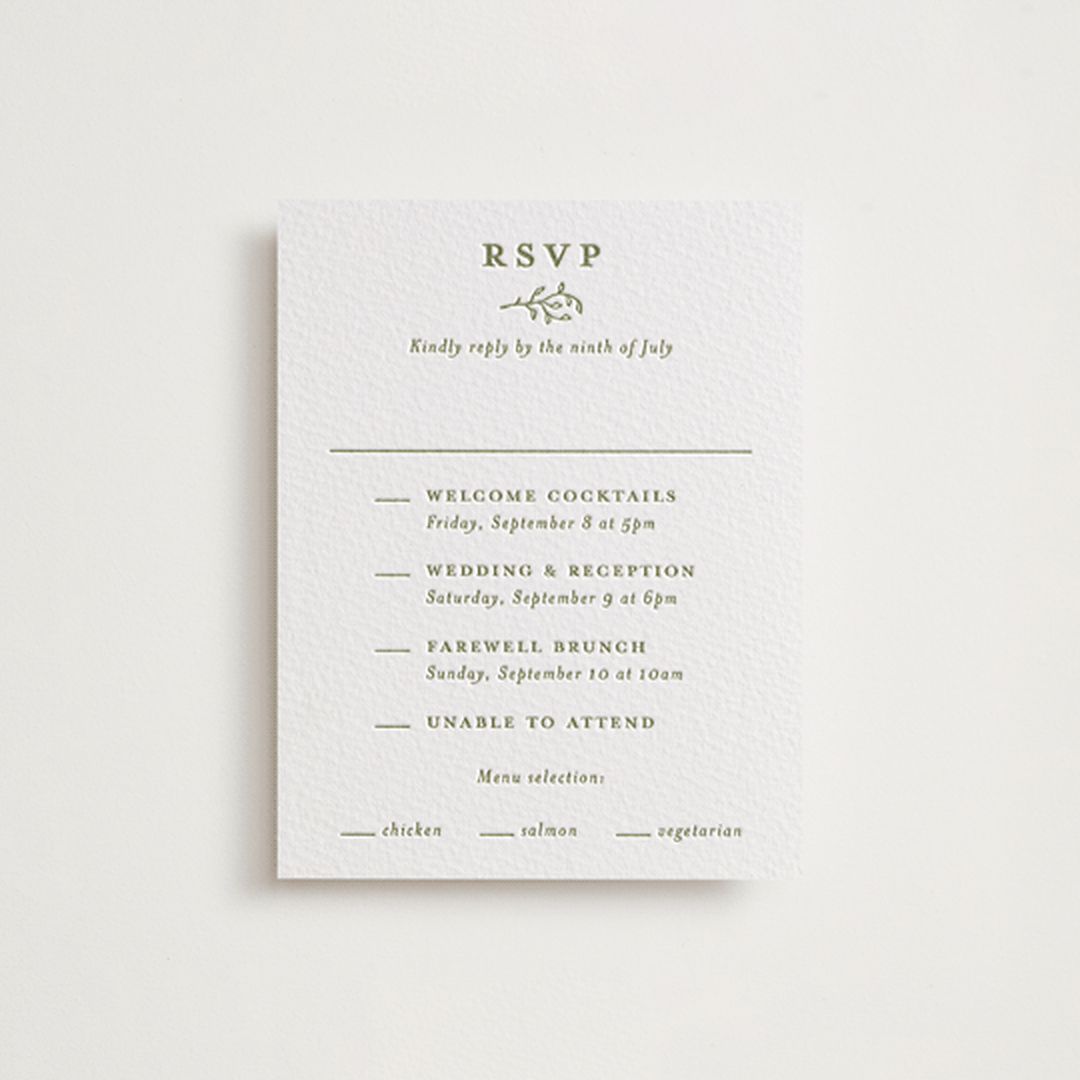 "Garden Script" - Letterpress Multi-Event RSVP Cards in Pistachio by Katherine Moynagh - Front