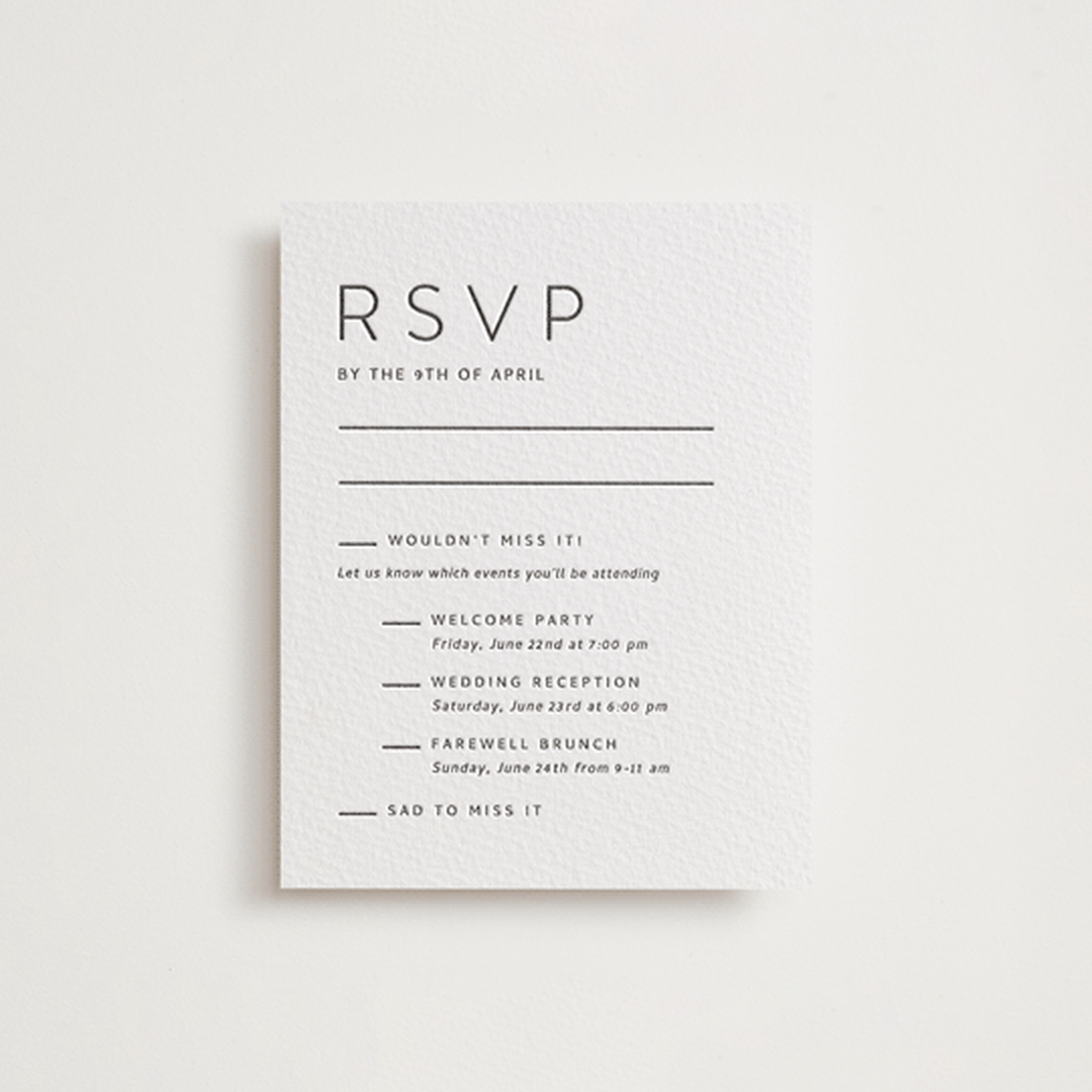 "Kismet" - Letterpress Multi-Event RSVP Cards in Soft Black by Alston Foster - Front