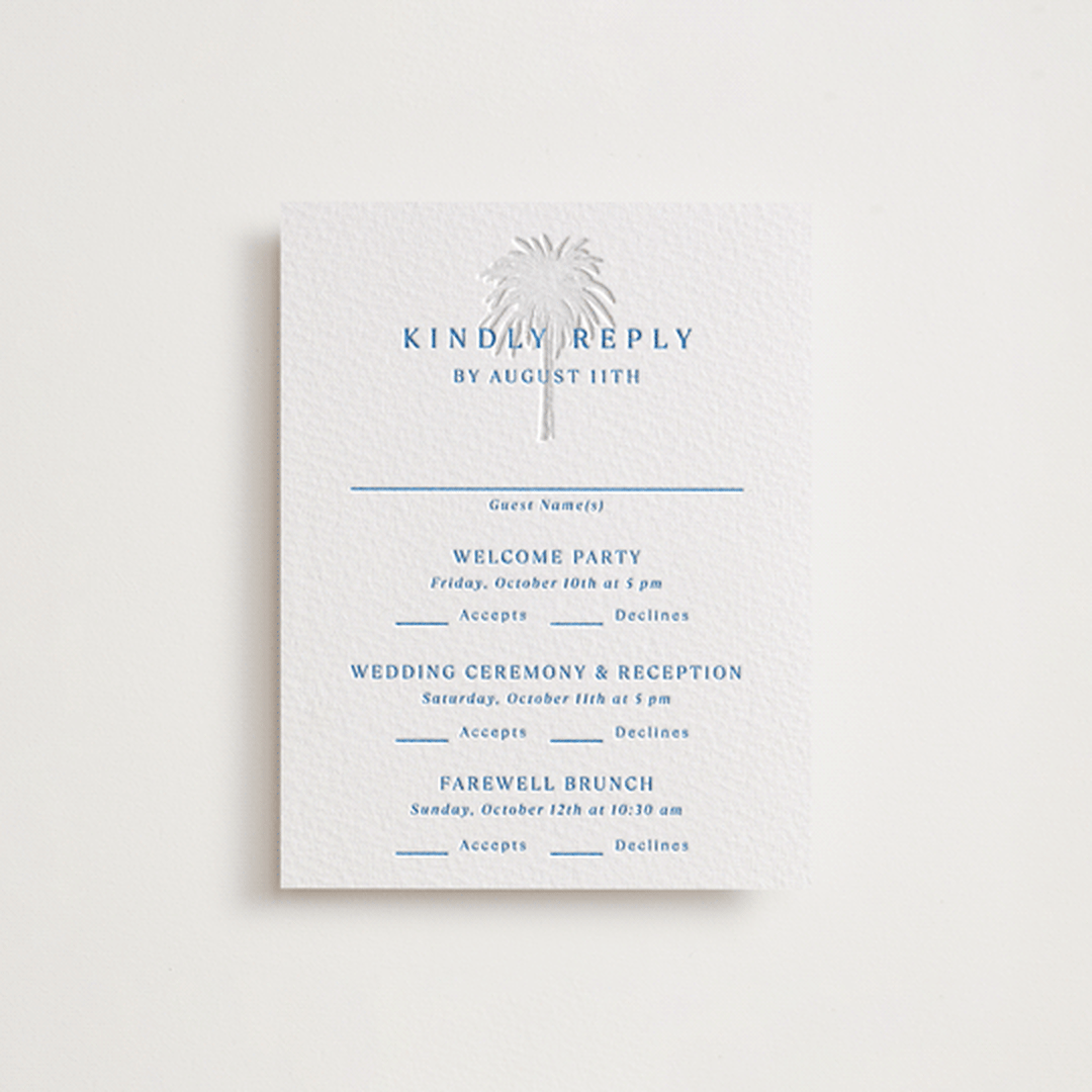 "Palm Tree" - Letterpress Multi-Event RSVP Cards in Sapphire by Kaydi Bishop - Front