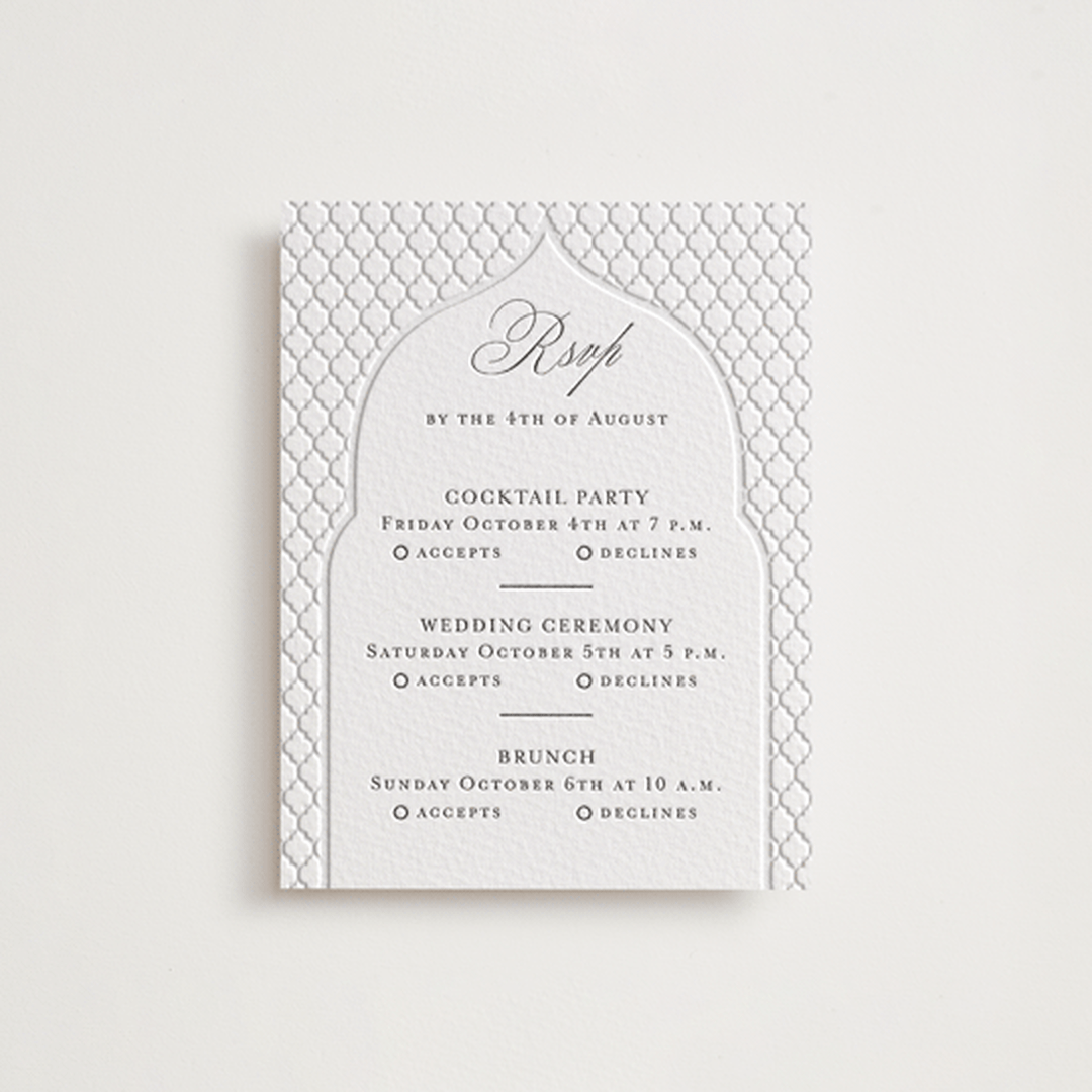 "Kamal" - Letterpress Multi-Event RSVP Cards in Soft Black by Oma N. Ramkhelawan - Front