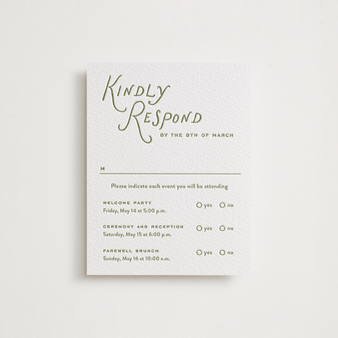 "Marshland" - Letterpress Multi-Event RSVP Cards in Pistachio by Oscar and Emma - Karly Depew - Front