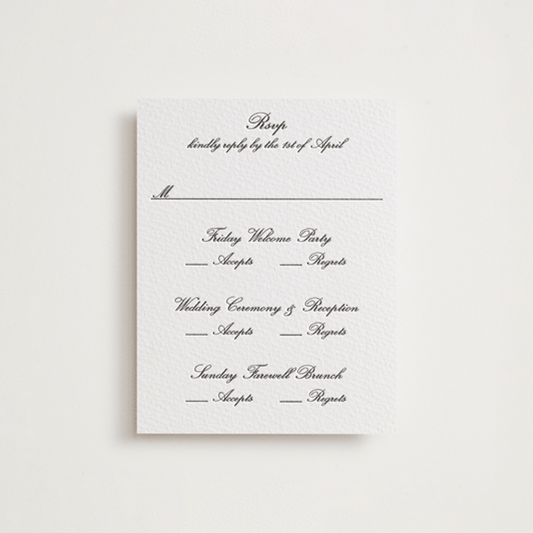 "Cornelia" - Letterpress Multi-Event RSVP Cards in Soft Black by Megan Davis - Front