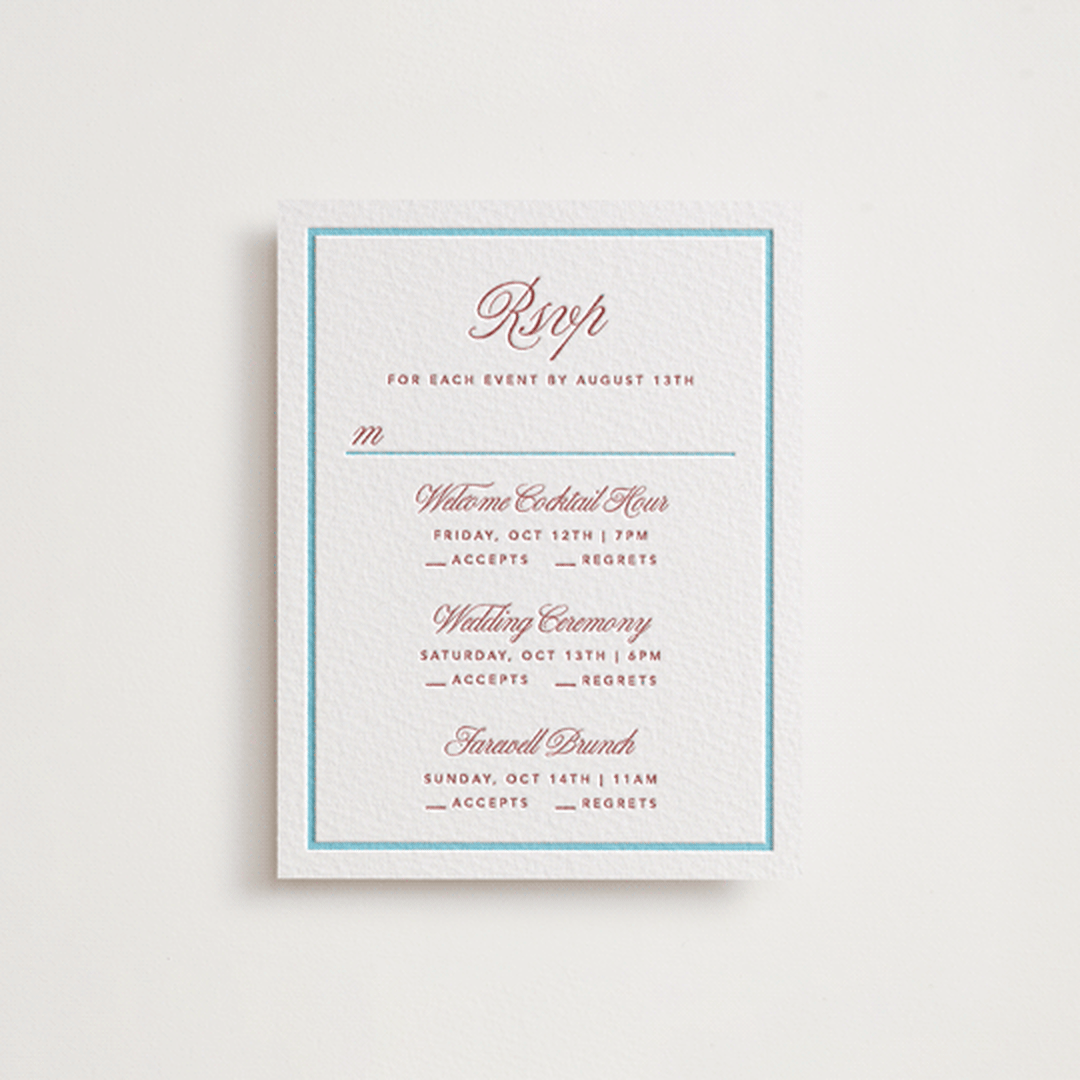 "Charm" - Letterpress Multi-Event RSVP Cards in Rosewood by Kelly Watkins - Front