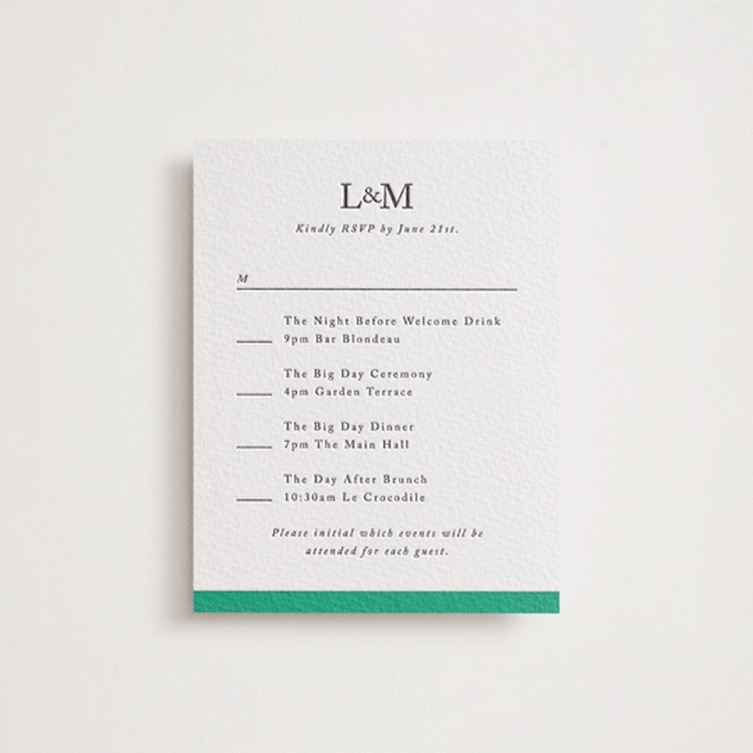 "Classic Initials" - Letterpress Multi-Event RSVP Cards in Soft Black by mo kelley - Front