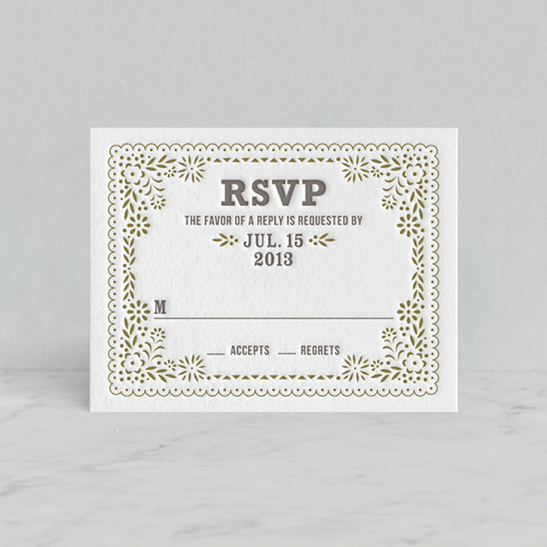 "Fiesta Folk Art" - Letterpress RSVP Cards in Graphite | Surplus Green by root beer float - Front
